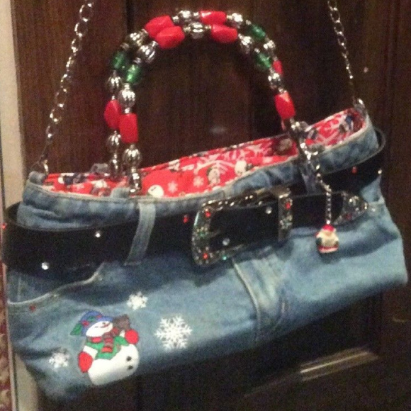 SOLD-ABJ Snowman Denim BLING Crossbody Purse Bag - Picture 1 of 8